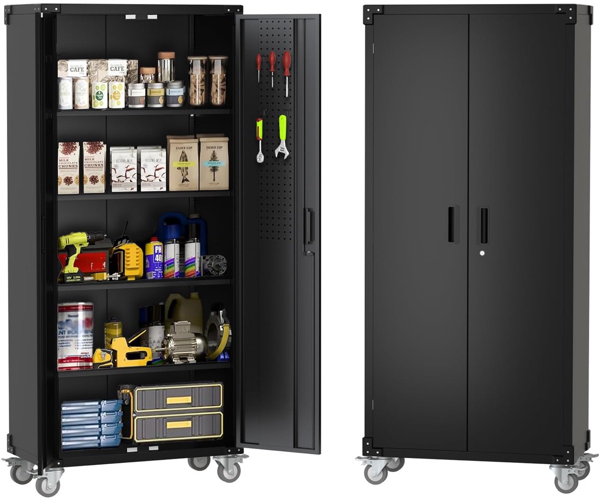 Metalen Opbergkast 72 inch met Wielen - Geperforeerd Paneel - 4 Verstelbare Legplanken en Magneetslot - Capaciteit 600 lb - Voor Garage Werkplaats Kantoor of Hal