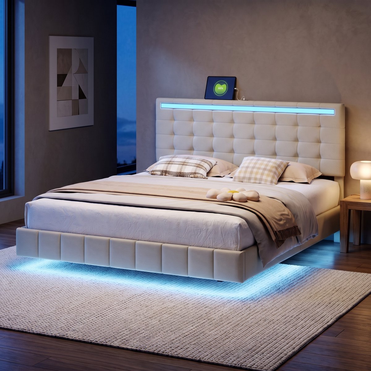 Gestoffeerd Bed 160x200 cm met LED-verlichting en USB-poort, Tweepersoonsbed met Lattenbodem,Jeugdbed Bedframe met verstelbaar hoofdbord,Beige Linnen,Zonder Matras