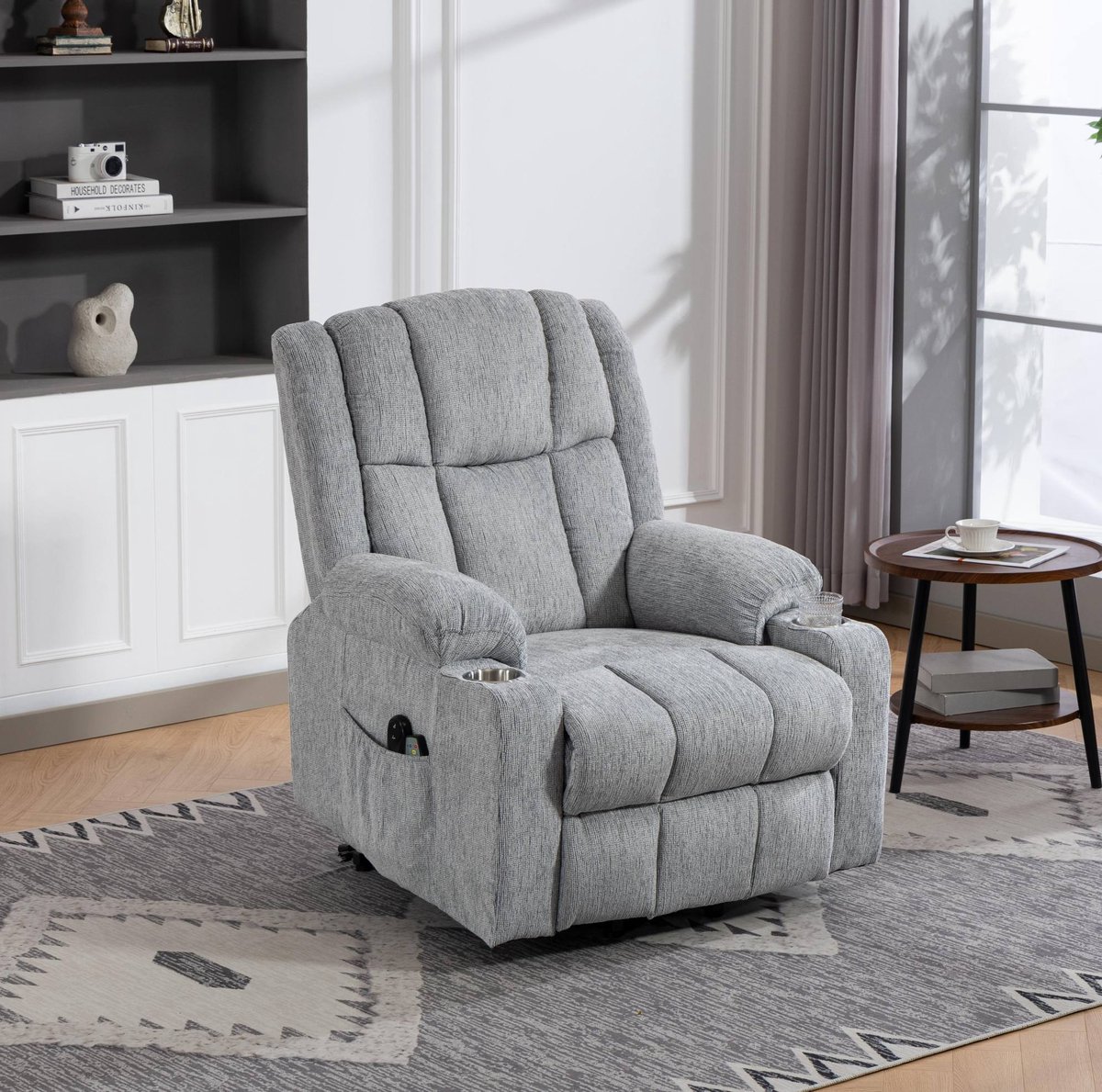MEUNIQ Elektrische massage- en relaxfauteuil met sta-op functie, verstelbare rugleuning en voetensteun, warmtefunctie, zijvakken en bekerhouders, lichtgrijs velvet