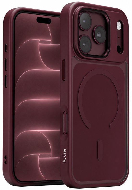Coque de téléphone violette, compatible iPhone 18 Pro Max, avec cercle compatible MagSafe au dos.
