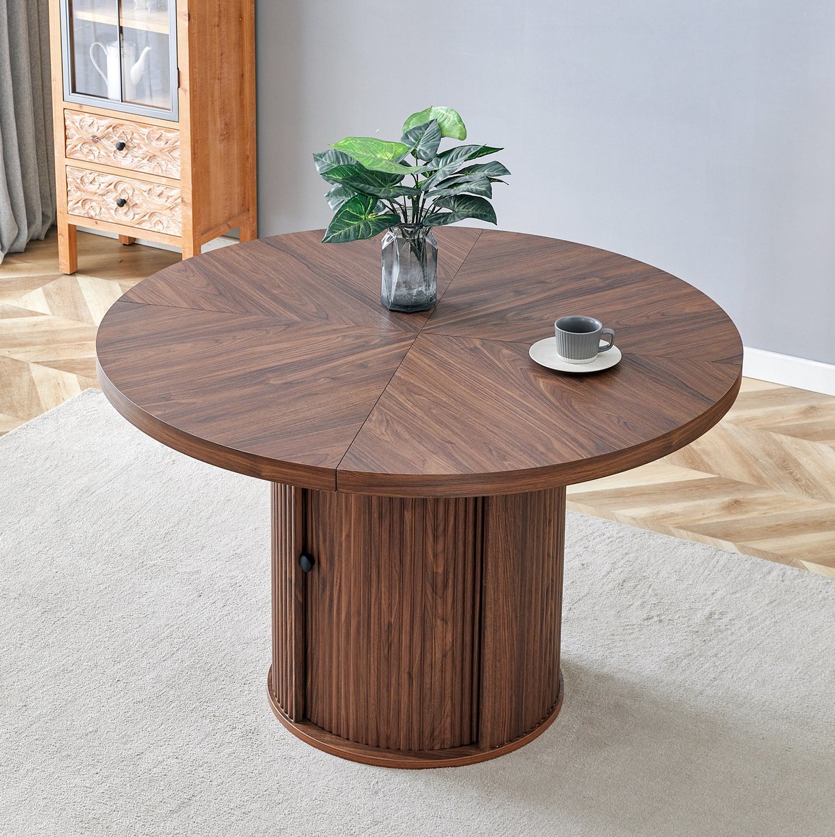 MODFU Ronde Eettafel - Opbergkast - Zuilvoet - MDF - Walnoot - Ø115 X 74 Cm