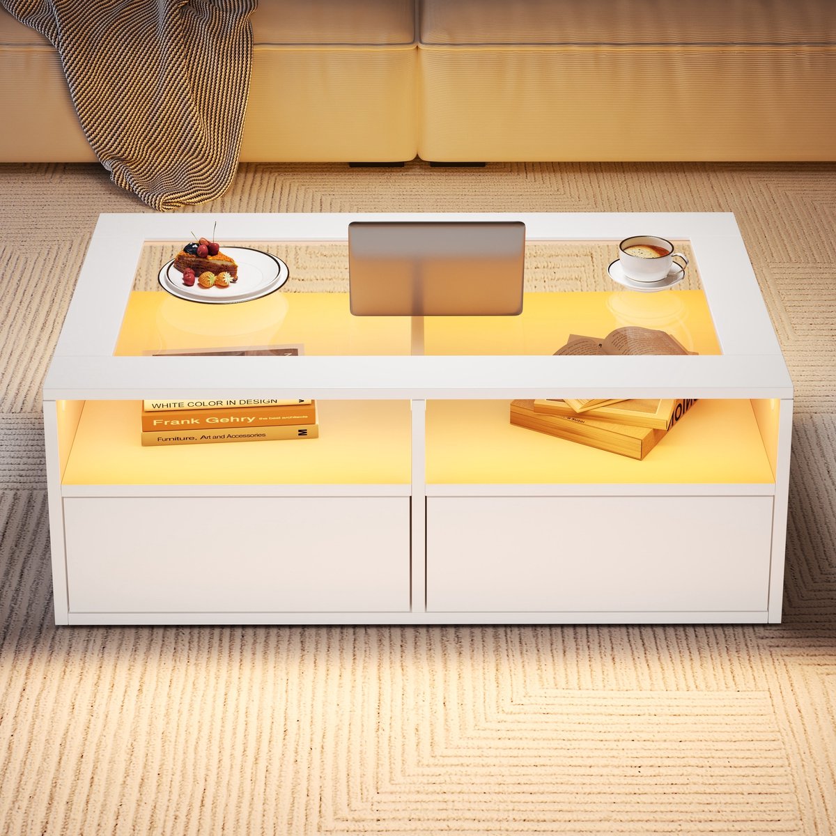 MEUNIQ Salontafel 100 x 50 x 35 cm met LED-verlichting, appbediening, glazen blad, 2 lades en open vakken voor de woonkamer, wit