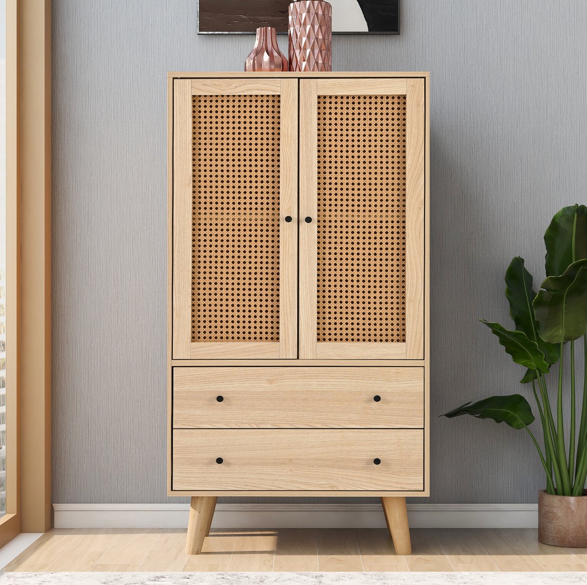MEUNIQ Dressoir 60 x 40 x 120 cm met 2 deuren, 2 lades en PE-rattan deurpanelen – opbergkast voor woonkamer en eetkamer in eikenkleur