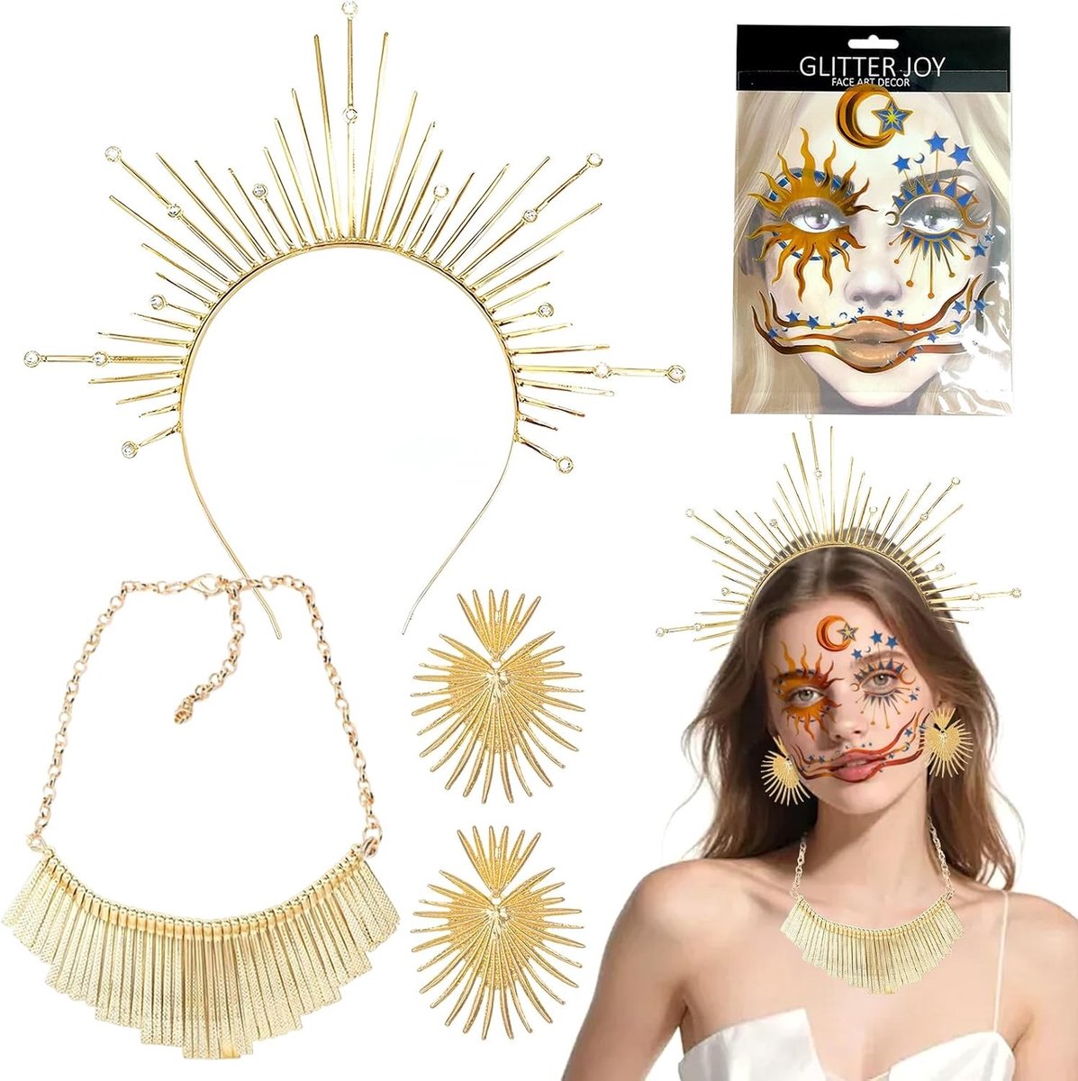 Halo Haarband voor Zonnegodin, Kostuumaccessoires voor Carnaval, Hoofddeksel, Sieraden en Gezichts-tattoo voor Griekse Godin Cosplay