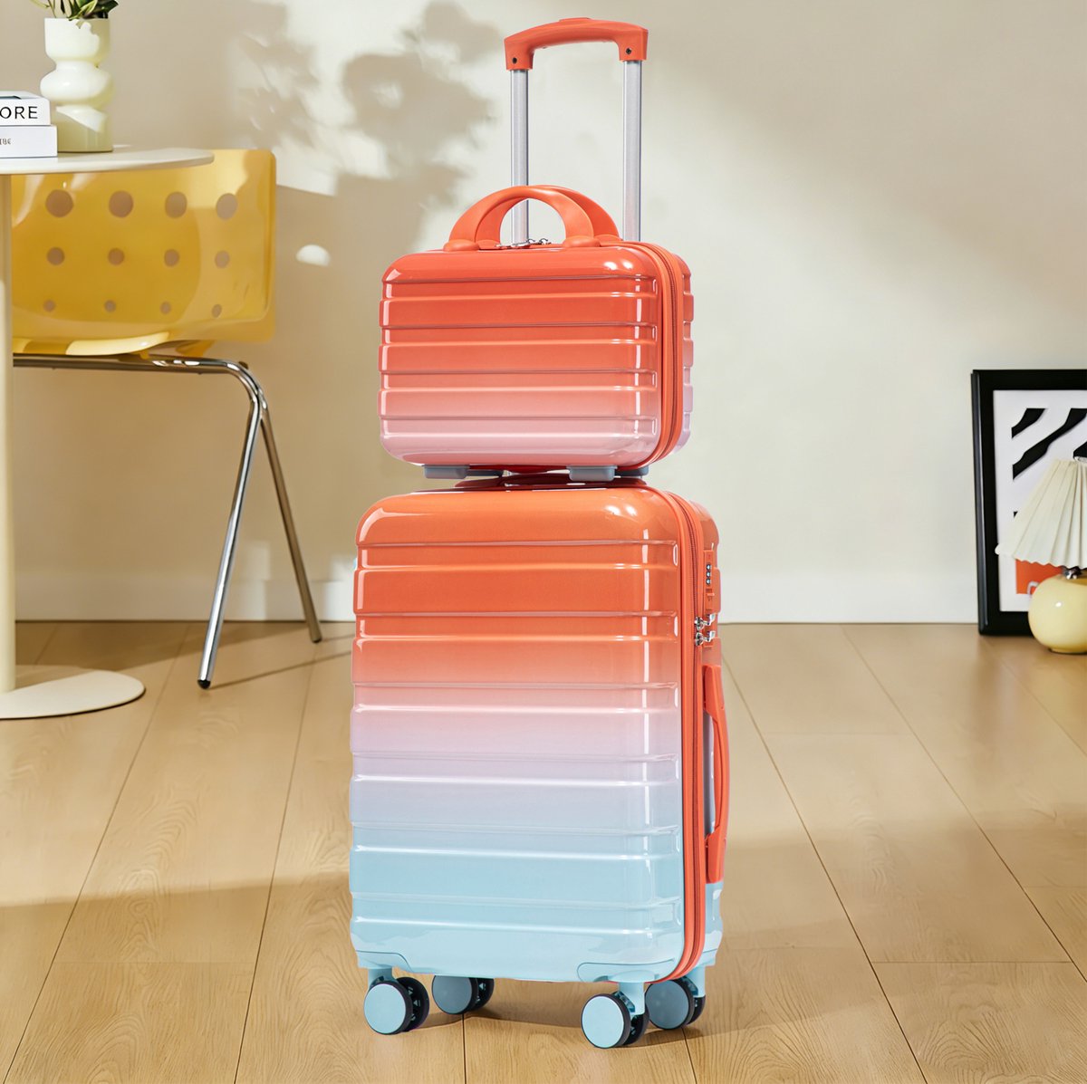 MEUNIQ 2-delige hardcase kofferset 14 en 20 inch van polycarbonaat met cijferslot, zwenkwielen en cosmetica-etui voor reizen, rood