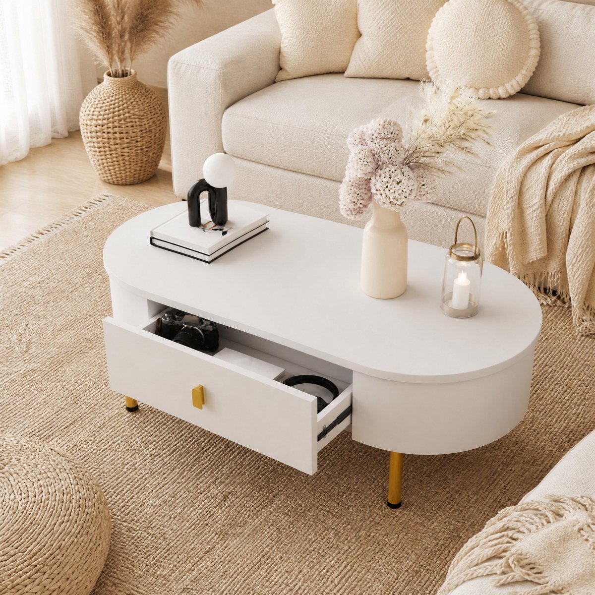 MEUNIQ Salontafel 108 x 50 x 40 cm met 2 lades, afgeronde hoeken, wit en goud, opbergruimte voor de woonkamer