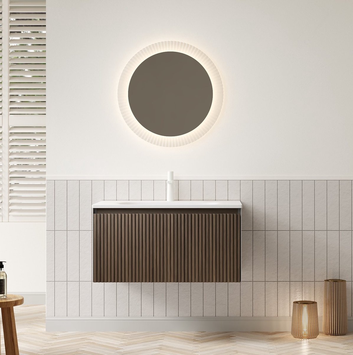 MEUNIQ Hangend badkamermeubel 80 x 46 x 41,8 cm met witte harswastafel, 1 lade, soft-close, voorgemonteerde onderkast in bruin eikenlook