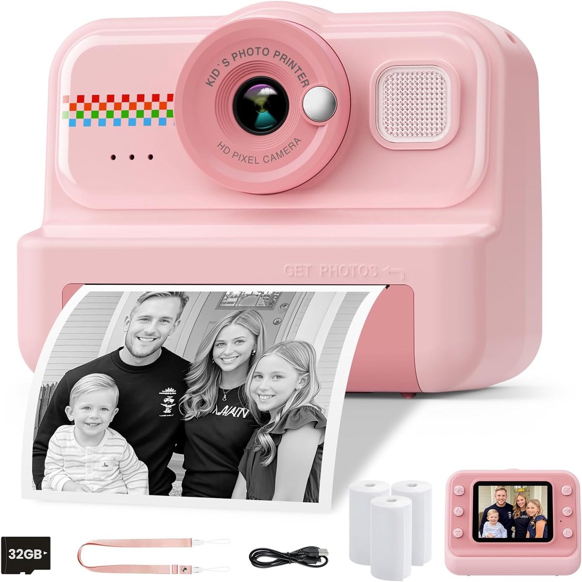 Kinder Instantcamera HD1080P - 32G Kaart + Printpapier Inbegrepen - Speelgoedcadeau voor 3-12 Jarigen