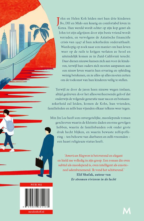 Boekcover 'American Hagwon' met illustratie van skyline en palmbomen, man met aktetas, gele strook met titel en ISBN.