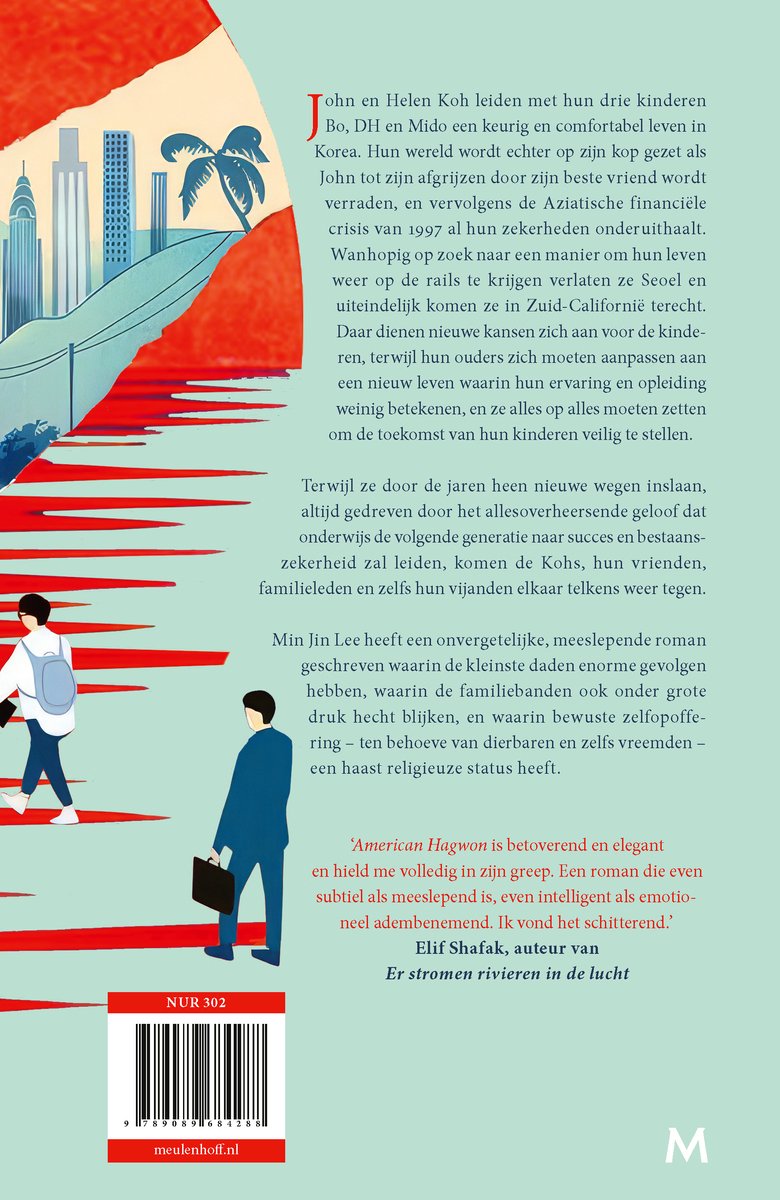 Boekcover 'American Hagwon' met illustratie van skyline en palmbomen, man met aktetas, gele strook met titel en ISBN.
