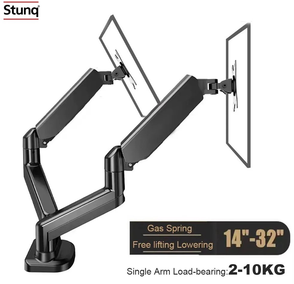 Image of Stunq® Dubbele Monitorarm Zwart - Gasveer Bureausteun voor 17-32 inch - VESA 75x75/100x100