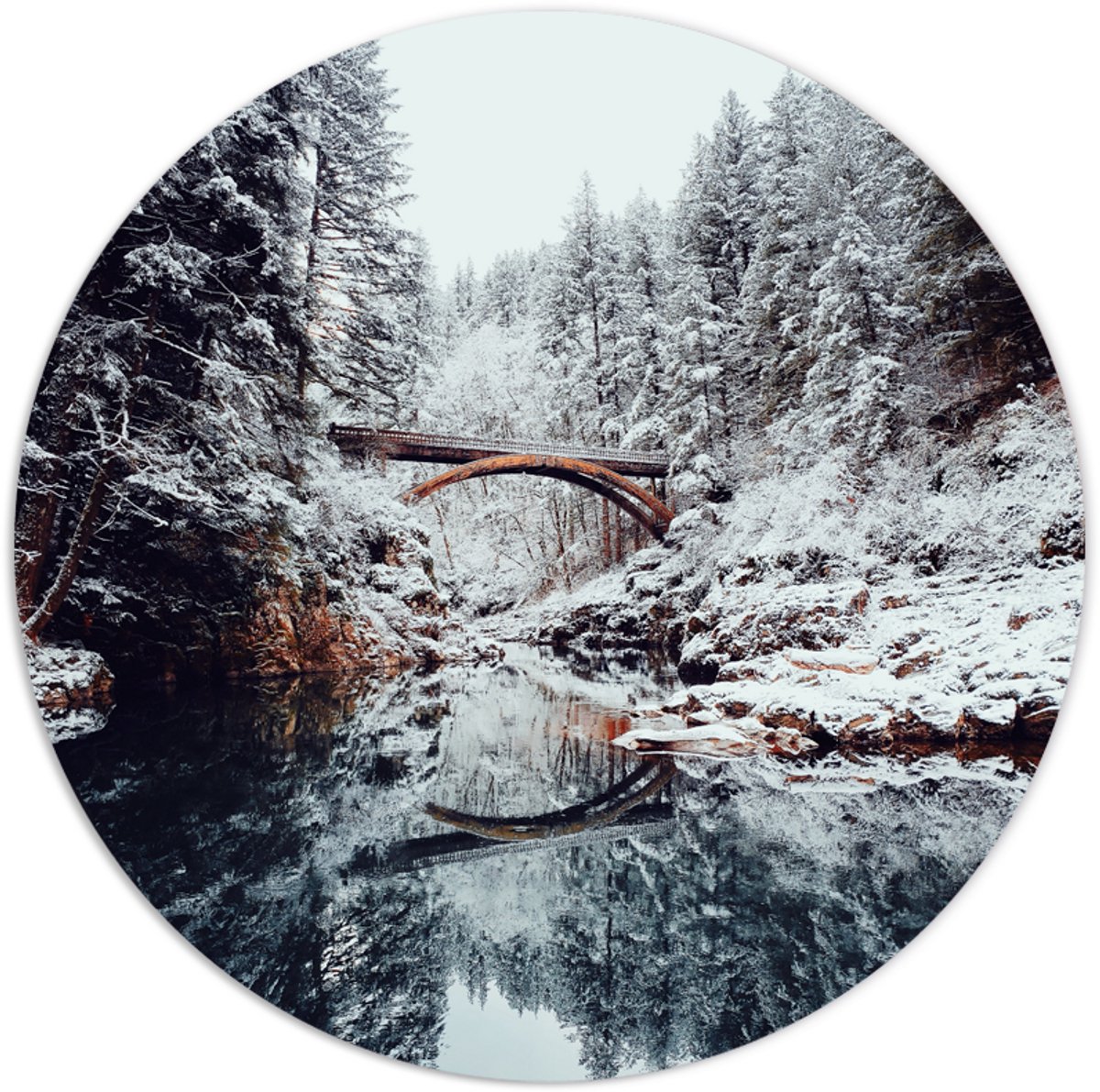 Label2X - Muurcirkel sneeuw brug - Ø 70 cm - Forex - Multicolor - Wandcirkel - Rond Schilderij - Muurdecoratie Cirkel - Wandecoratie rond - Decoratie voor woonkamer of slaapkamer