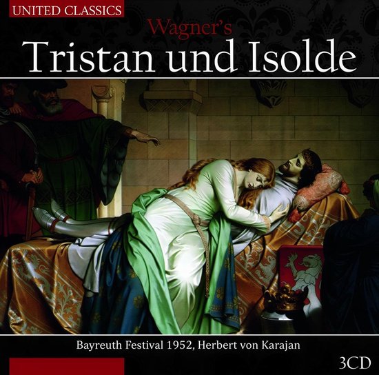 Wagner's Tristan und Isolde, Bayreuth Festival 1952, Herbert von Karajan. Een schilderij van een koppel op een bed.