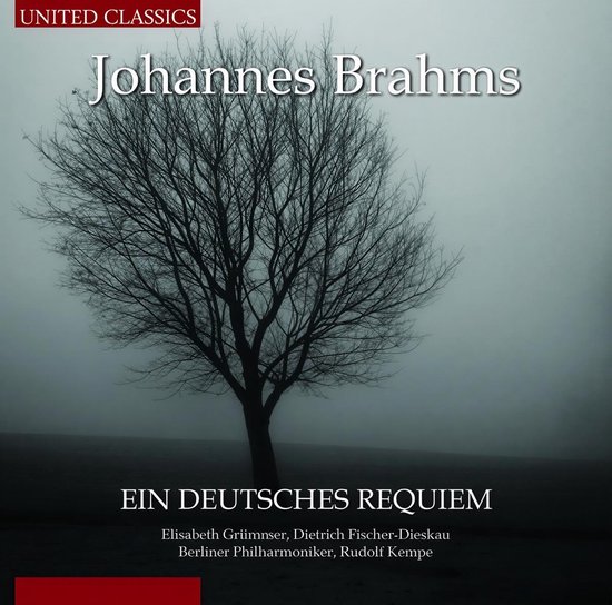 Brahms: Ein Deutsches Requiem. Albumhoes met silhouet van een boom op een mistige achtergrond. Titel: Johannes Brahms, Ein Deutsches Requiem.