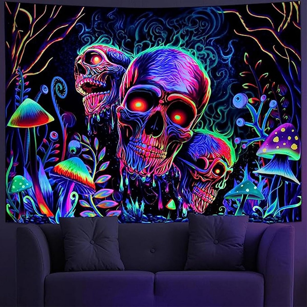 Doodskopwandtapijt, kleurrijk, mysterieus handgemaakt zwart glanzend wandtapijt van lichtgewicht polyester, geschikt voor diverse gelegenheden, inclusief accessoires,