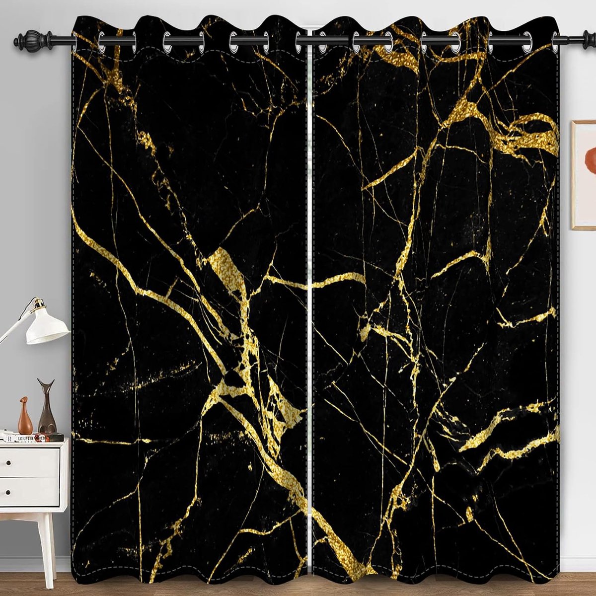 Zwart marmer, abstract, goud, abstract, marmer, verduisteringsgordijnen, esthetische raamgordijnen voor slaapkamer en woonkamer, 117 x 183 cm (breedte x lengte) set van 2