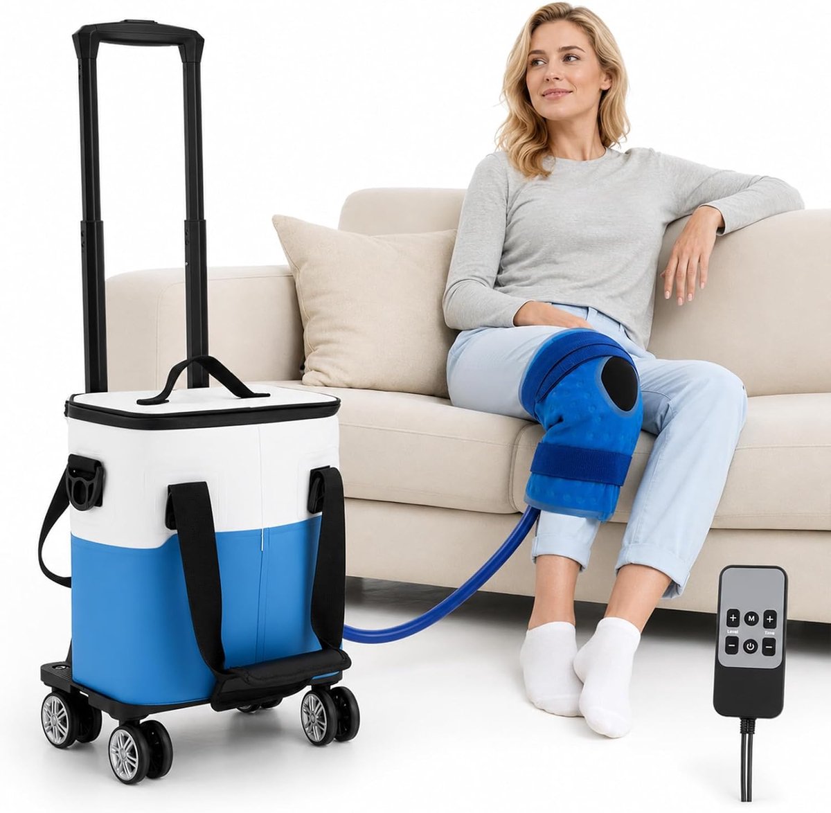 19 l/20 qt, ijsmachine, koelmanchet, knie, met verstelbare telescoopstang en wielen, 5-traps doorstroming en 2 timermodi, voor postoperaties, pijnverlichting, schouder
