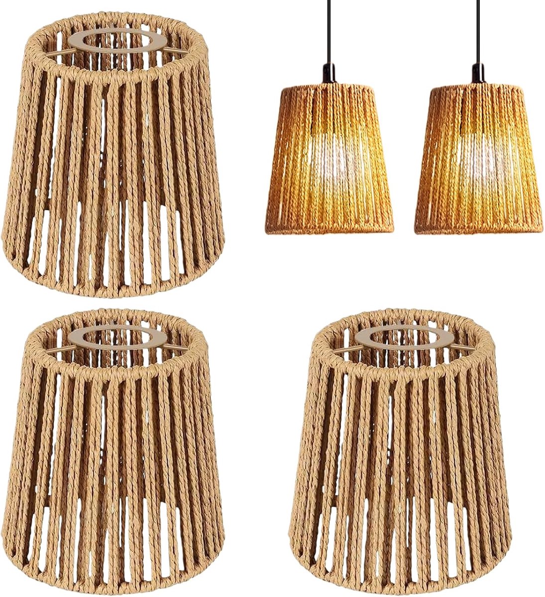 Lampenkappen van rieten (hoogte 14 cm) voor hanglamp, tafellamp, staande lamp, hanglamp en plafondlamp, boho lampenkap accessoires