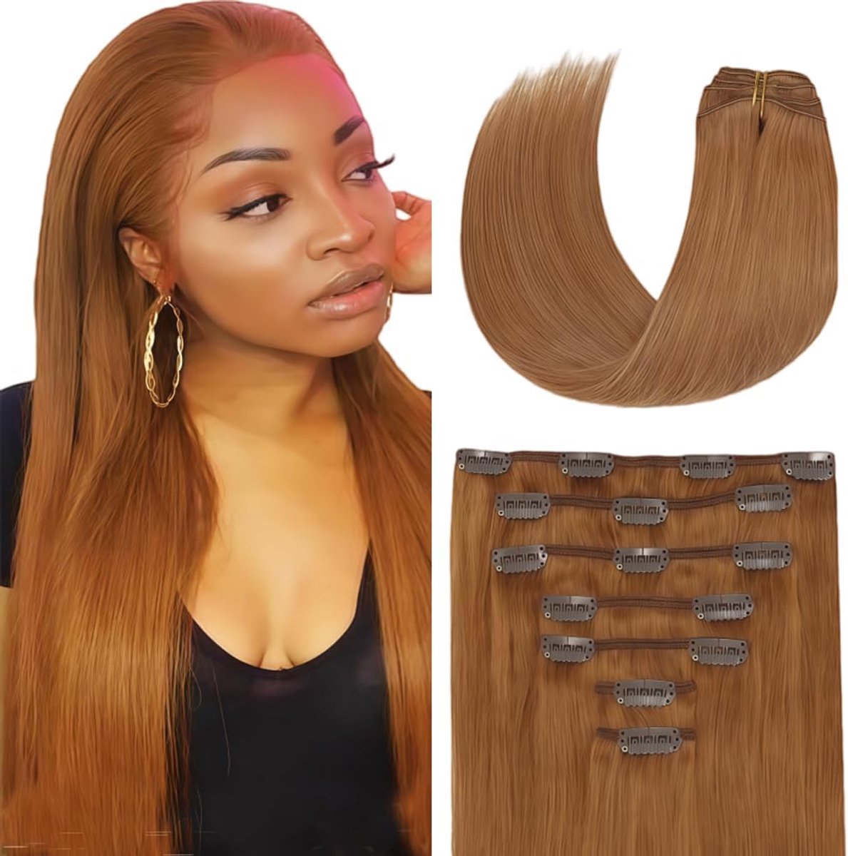 Haar Verlengingsklem Straight #30 Light Brown Unprocessed Double Weft Weave Knotless Soft and Silky For Women Seamless Clip In Hair Extension 7pcs 14Inch/35cm