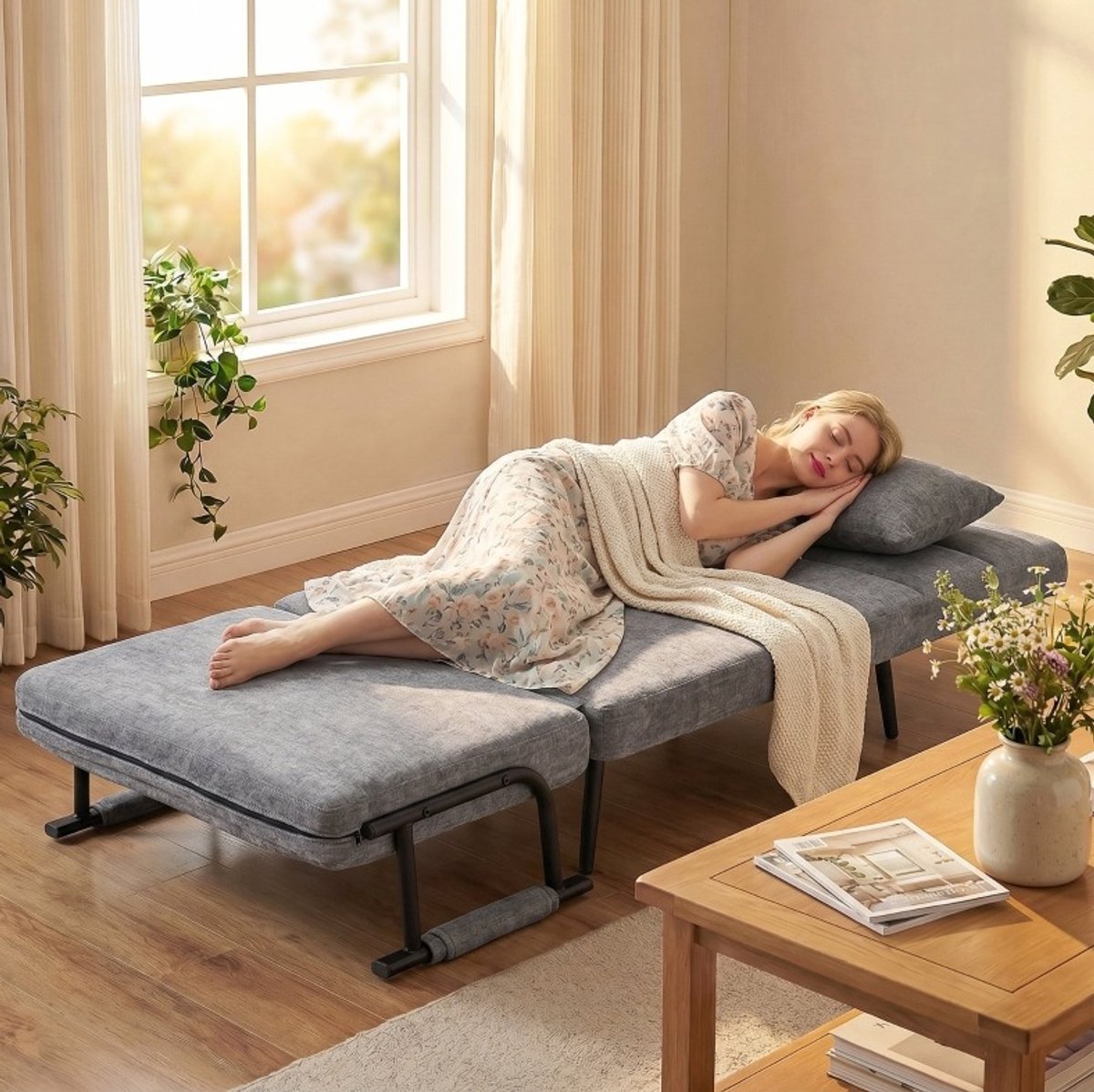 REDOM Slaapfauteuil - 3-in-1 met slaapfunctie - Klapbaar - 5-traps handmatig verstelbare rugleuning - Chenillestof - Metalen frame - Grijs - 73 x 67 x 96 cm