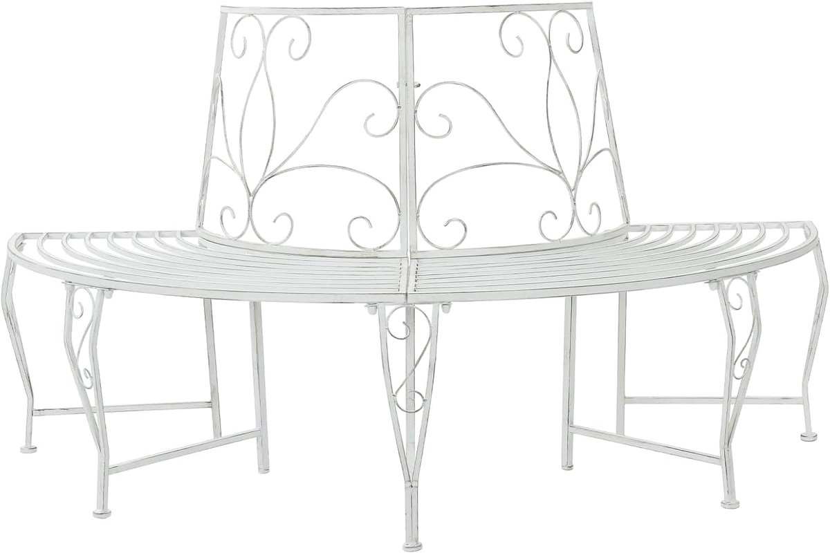 Bank van staal antiek wit 4-zitter halfrond 160 x 80 x 89 cm voor rond boomstam in tuin terras stevige constructie weerbestendig tuinmeubel