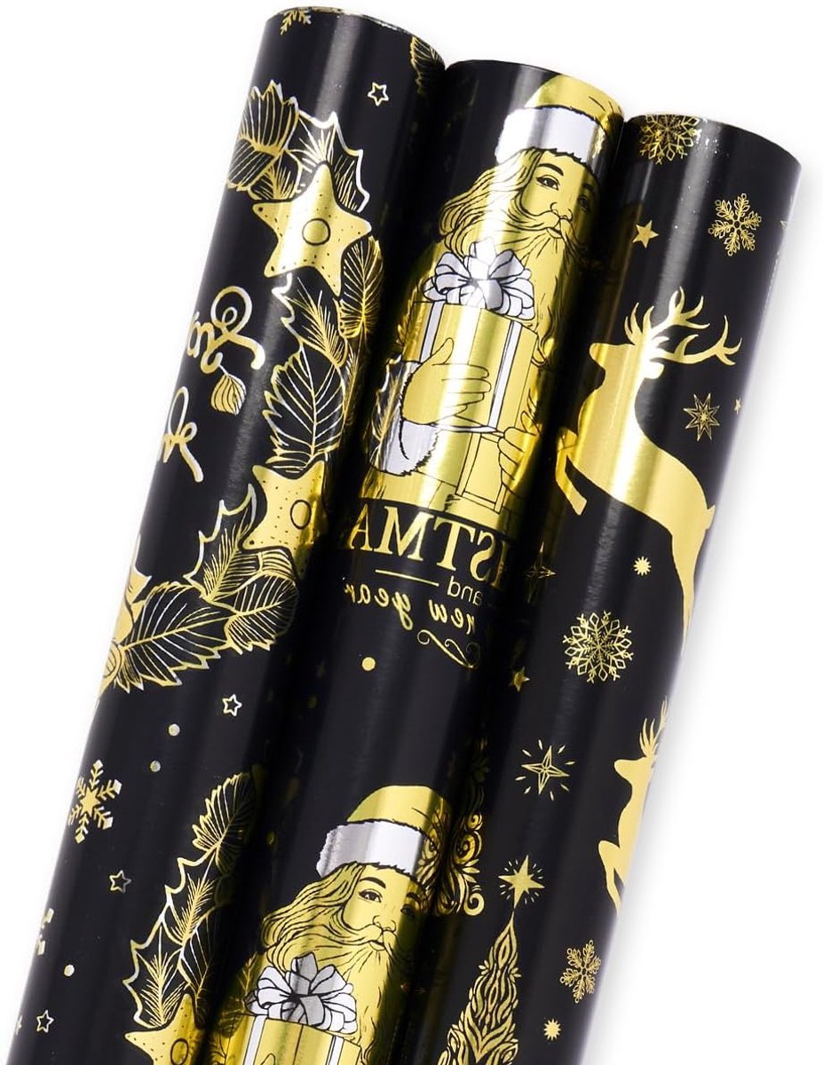 3 rollen inpakpapier voor Kerstmis: zwart metallic foliepapier met feestelijk goudpatroon, 43 cm x 3 m glitter inpakpapier