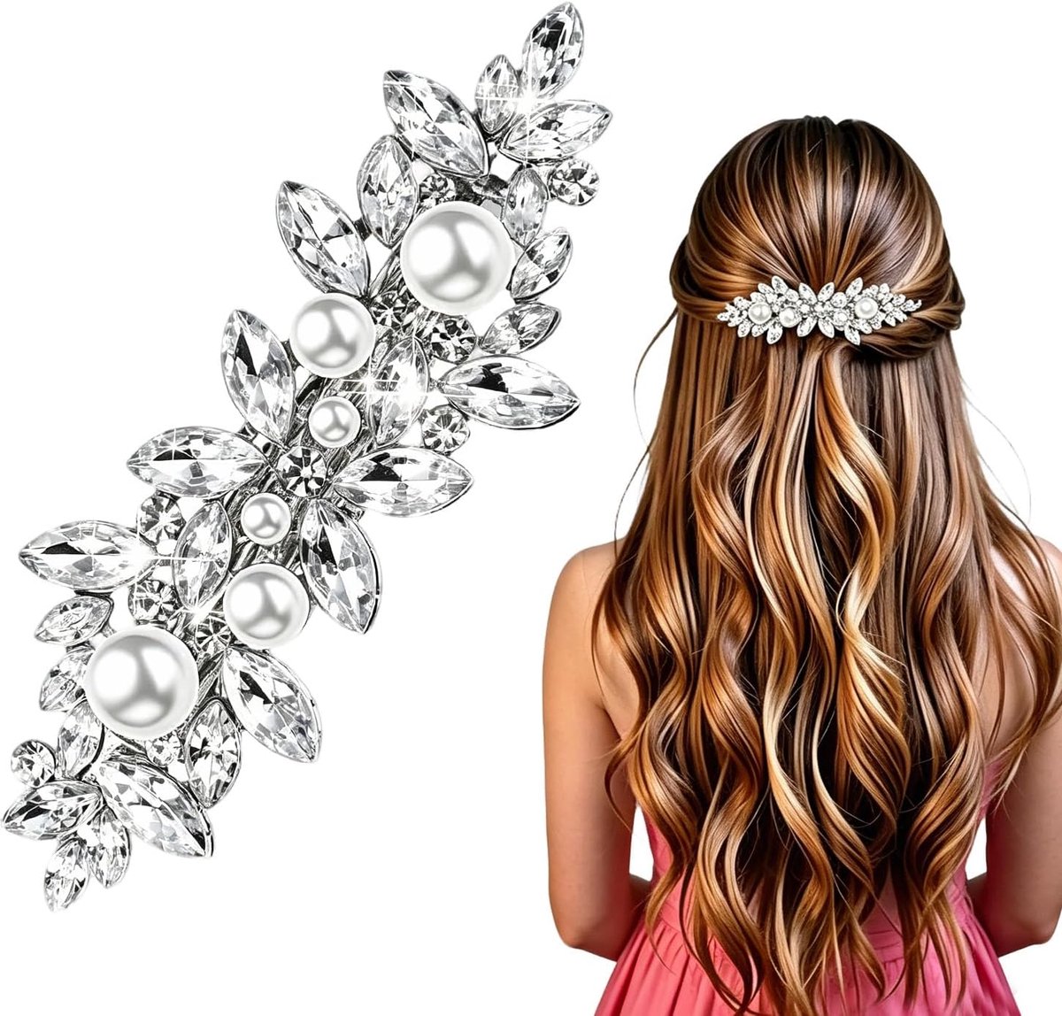 Parel Haarclips, Zilverkleurig, Met Diamanten, Voor Bruiloften en Formele Evenementen, Zilver