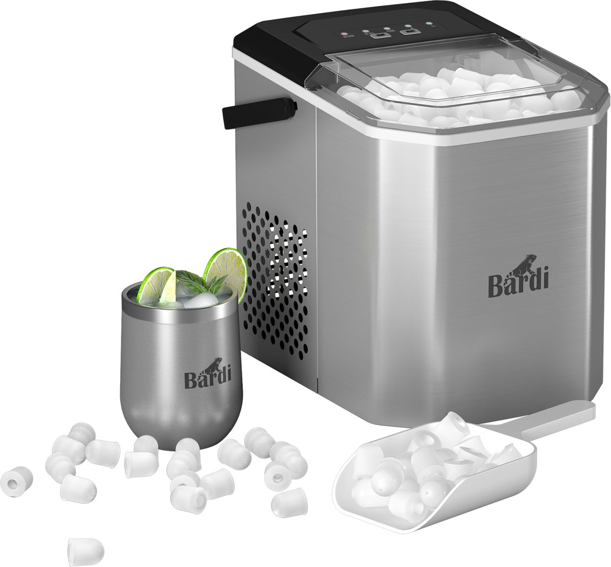 Bardi 1.3L Deluxe IJsblokjesmachine Square – IJsblokmaker Inclusief Luxe Thermosbeker en IJsschep – 9 Blokjes in 8 Minuten – GUNMETAL RVS