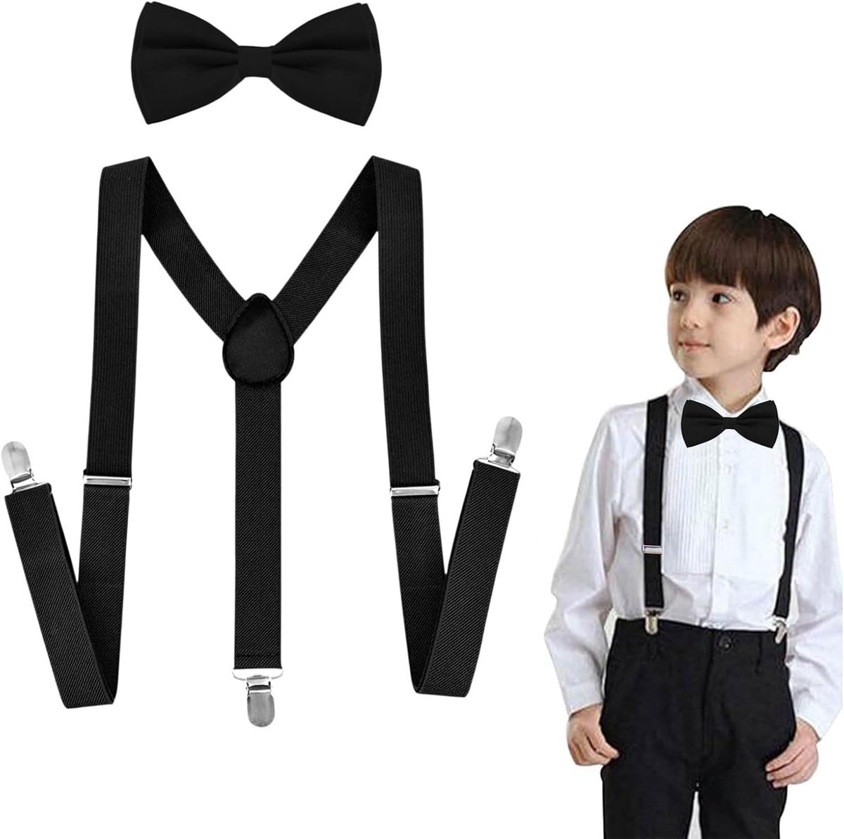 Stijlvolle Zwarte Kinderstrik en Verstelbare Suspenders Set voor Jongens, Y-vormige Schouderbanden met Clips, Ideaal voor Feestjes en Speciale Gelegenheden