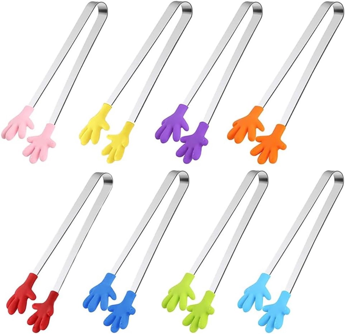 Mini Handtangen Set van 8 Stuks, Silicone en RVS Keukentangen voor Kinderen, Multifunctionele Voedselclips voor Koken, Barbecue en Buffet met Antislip Handvorm