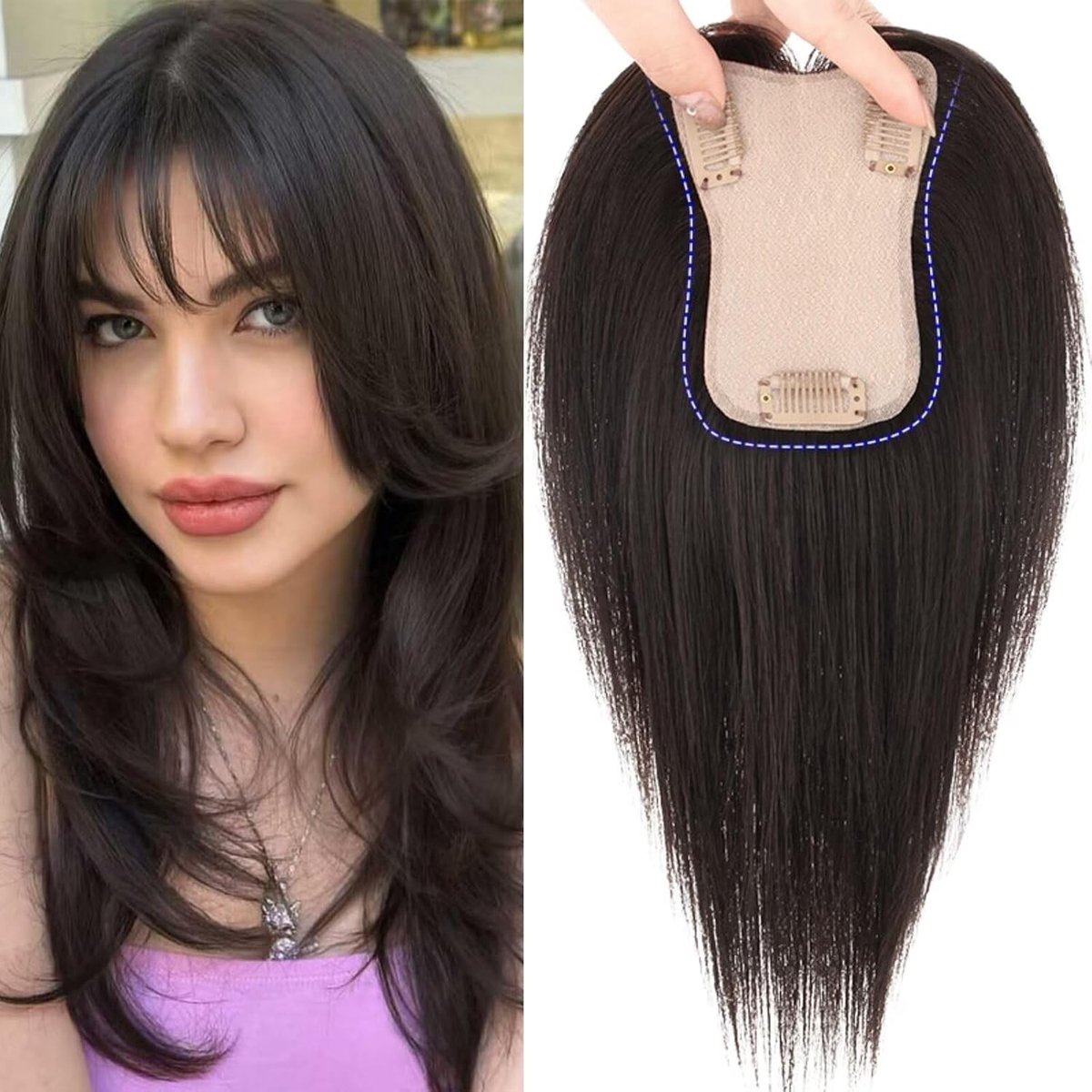Echte Mensenhaar Haar Toppers voor Dames met Pony 10 Inch - Grote Basis voor Dunner Wordend Haar en Haarverlies, Natuurlijke Look en Comfort