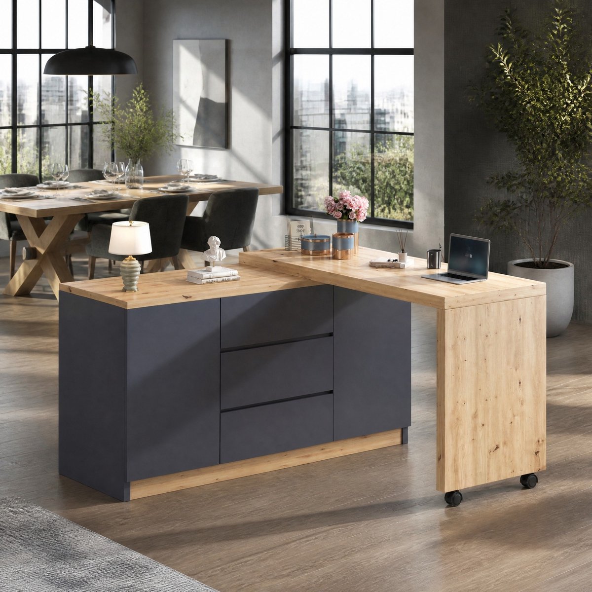 MEUNIQ Draaibaar en uitklapbaar bureau 120 x 50 x 76,5 cm met 2 deuren, 3 lades, vergrendelbare wielen en opbergruimte voor thuiskantoor, grijs eikenlook