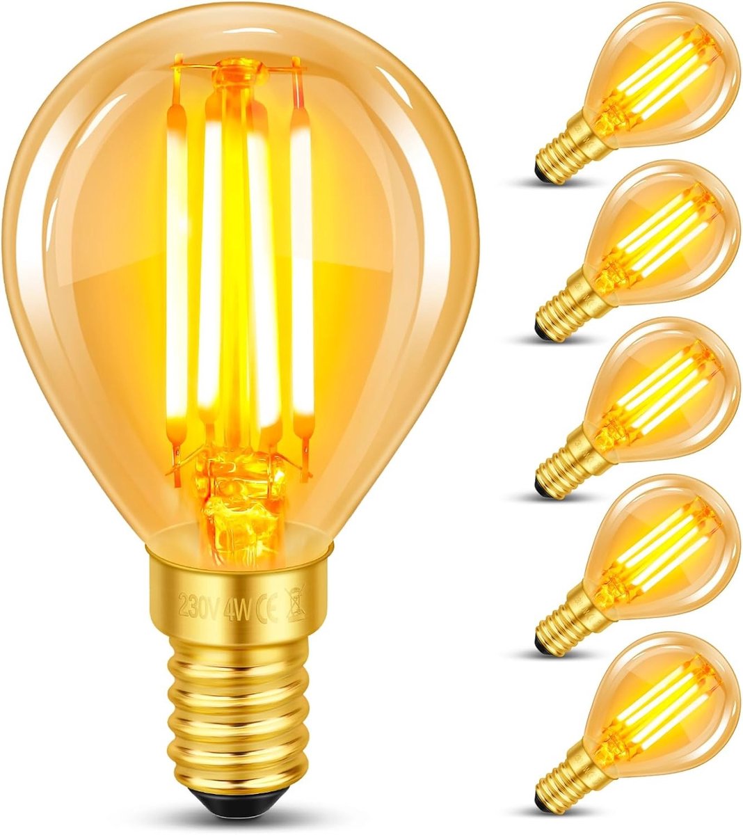Set van 6 E14 LED Vintage Lampen, 4W Filament Vervangt 40W Gloeilamp, Warm Wit 2200K, Amber Glas, 400 LM, Golfbal P45/G45, Niet Dimbaar, Nostalgische Verlichting voor Thuis, Café en Bar