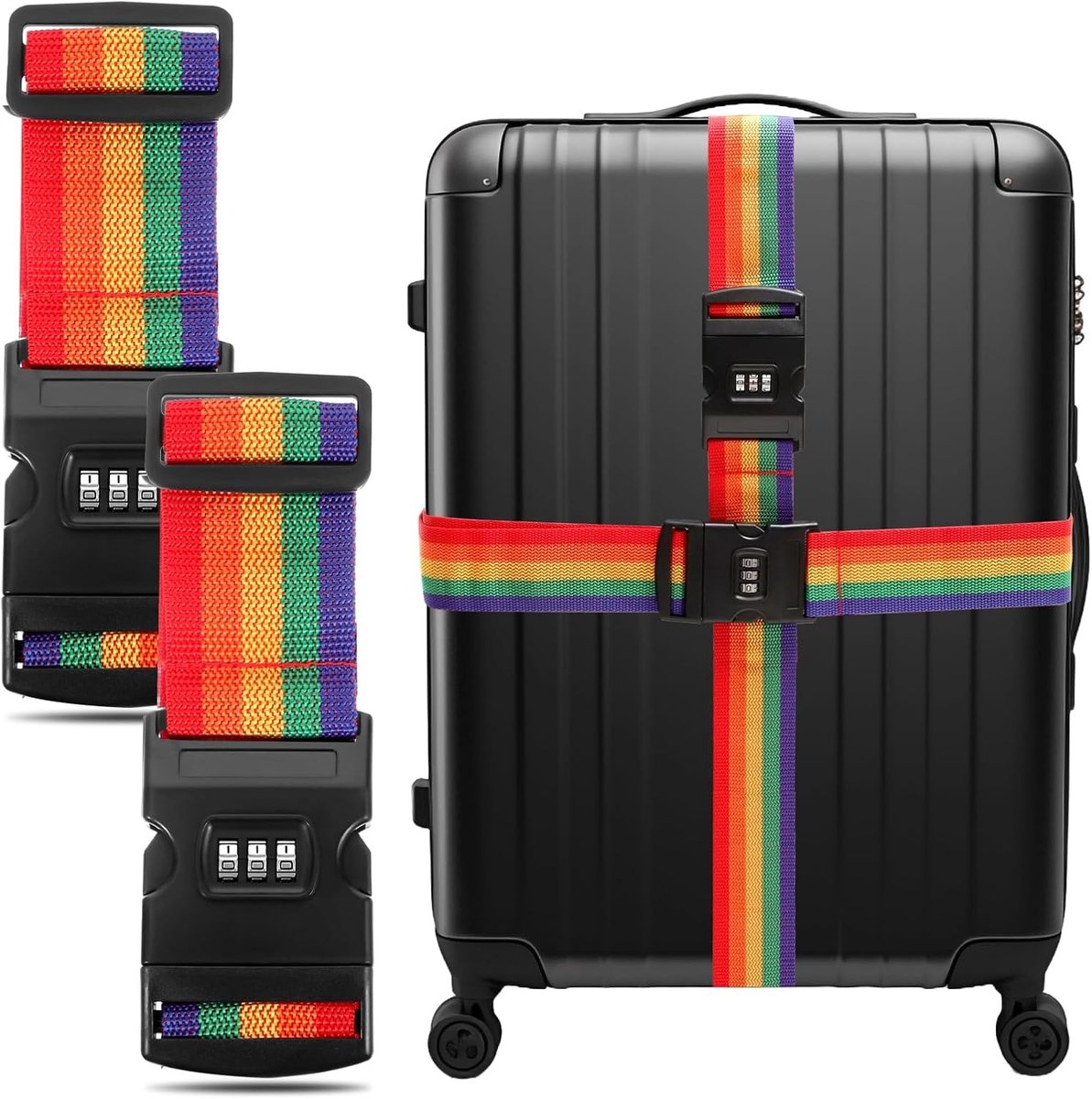 Verstelbare Kofferspanners met Hangslot, 2 m x 5 cm, Regenboogkleurige Bagagestraps voor Reisveiligheid en Gemak