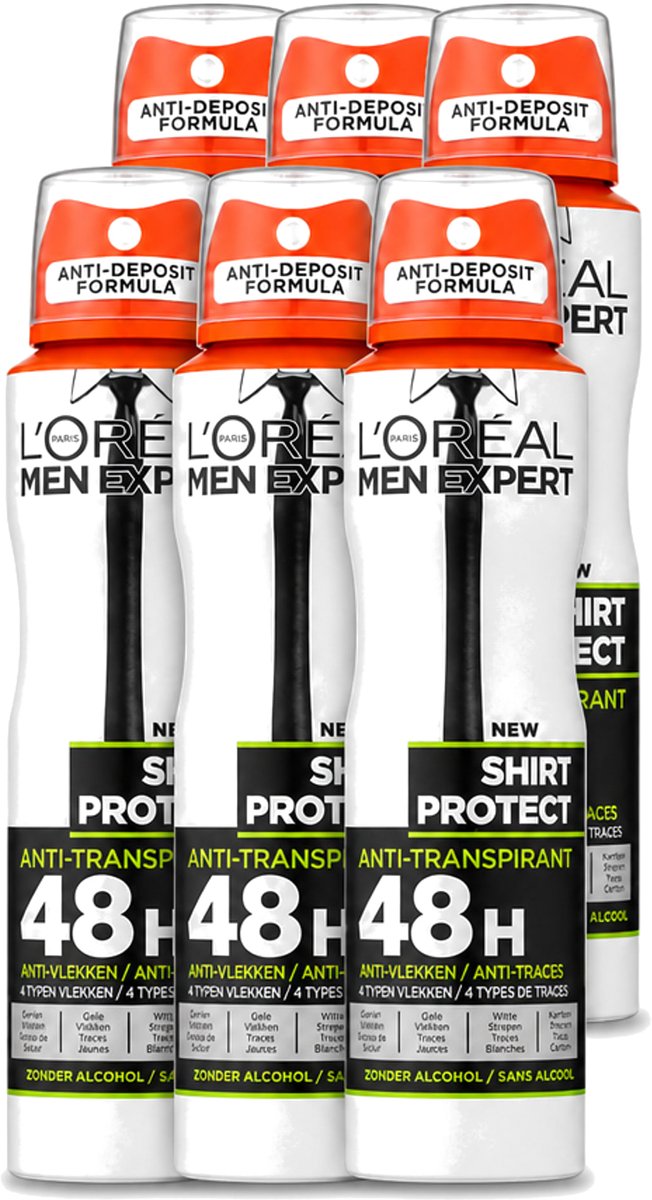 6 x L'Oréal Men Expert Shirt Protect - Deodorant - 150 ml - Deodorant Spray - Voordeelverpakking - 6 stuks