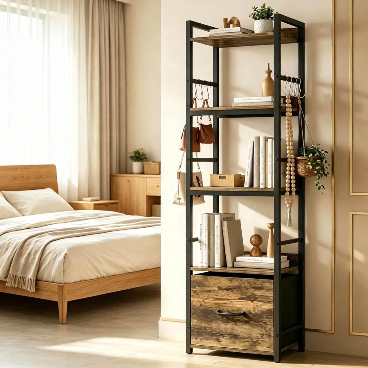 REDOM Boekenkast - 4 open planken met lade - 8 haken - Verhoogde achterranden - Metaal en spaanplaat - Bruin - 39 x 26 x 136,5 cm Rustiek bruin