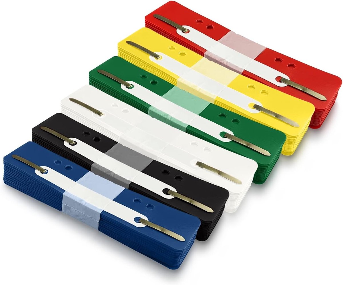 Assorted plastic strips 3.2 x 15 cm geperforeerd 60/80 mm met metalen tab en gekleurde houders voor documentbeheer en papierarchivering
