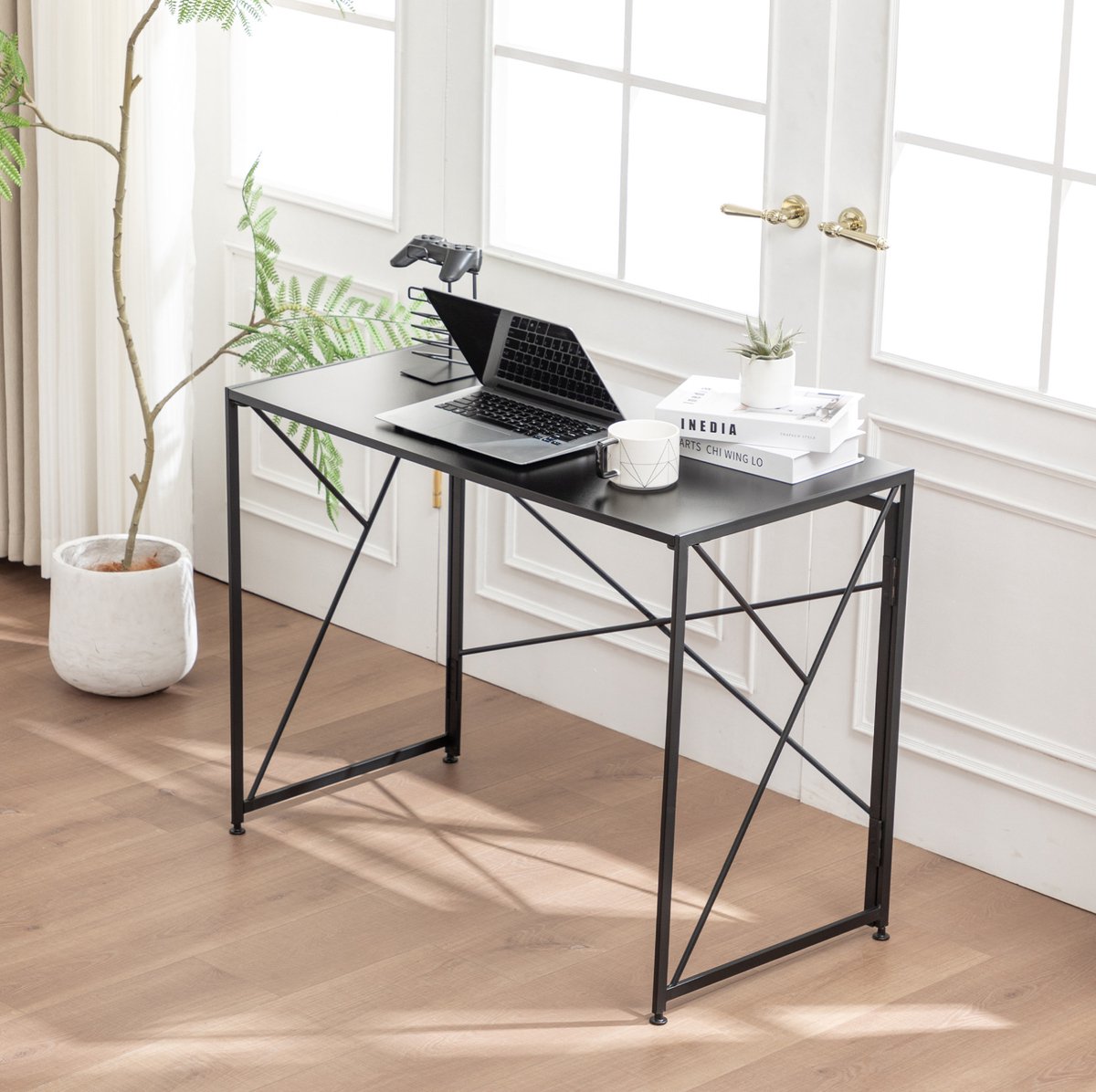 MEUNIQ Opvouwbaar bureau 99 x 50 x 75 cm - zwart MDF tafelblad en metalen onderstel - inklapbare schrijftafel voor thuiskantoor, woon- of slaapkamer
