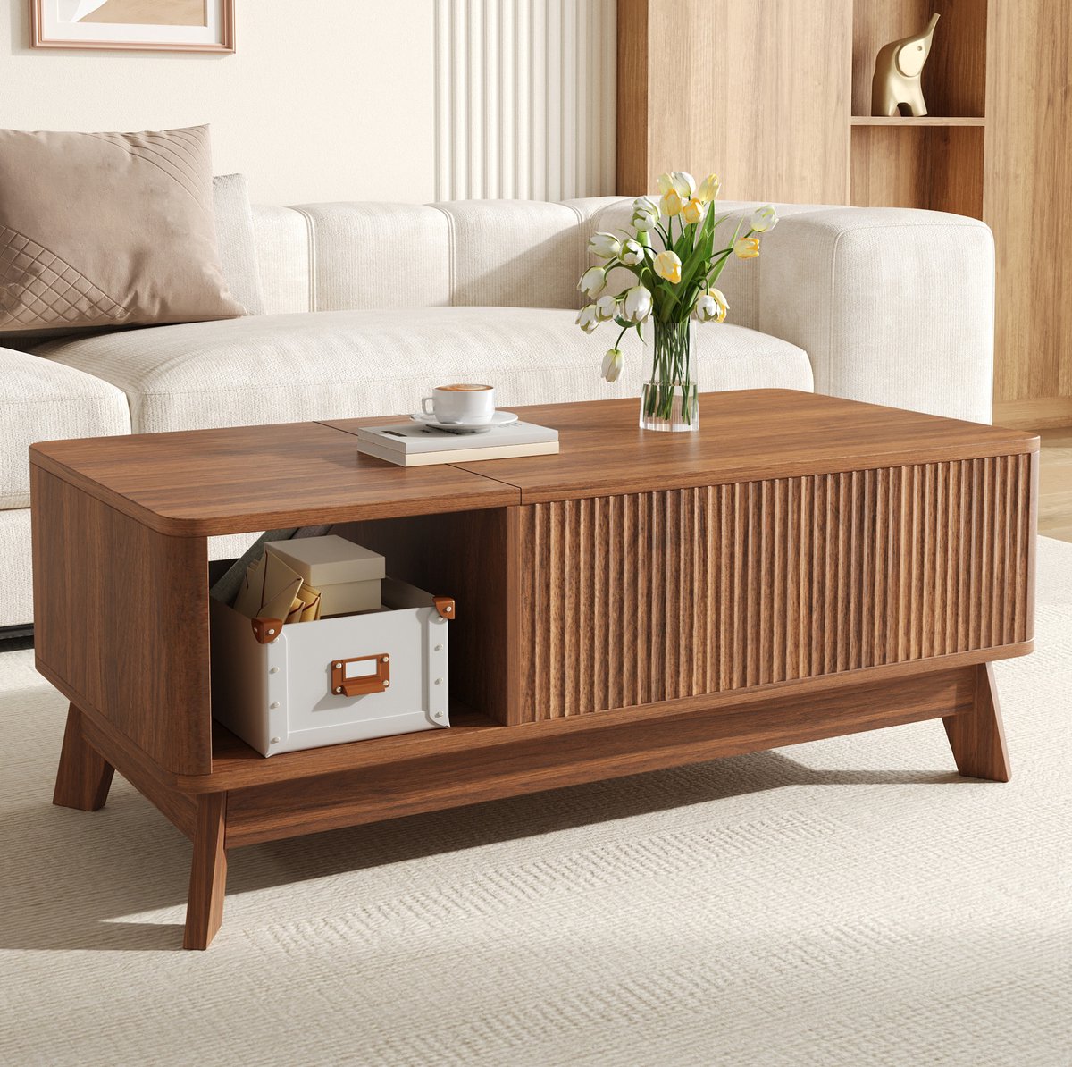 MEUNIQ Salontafel 95 x 48 x 50 cm met in hoogte verstelbaar blad, verborgen opbergruimte en open zijvak voor woonkamer, walnootkleur