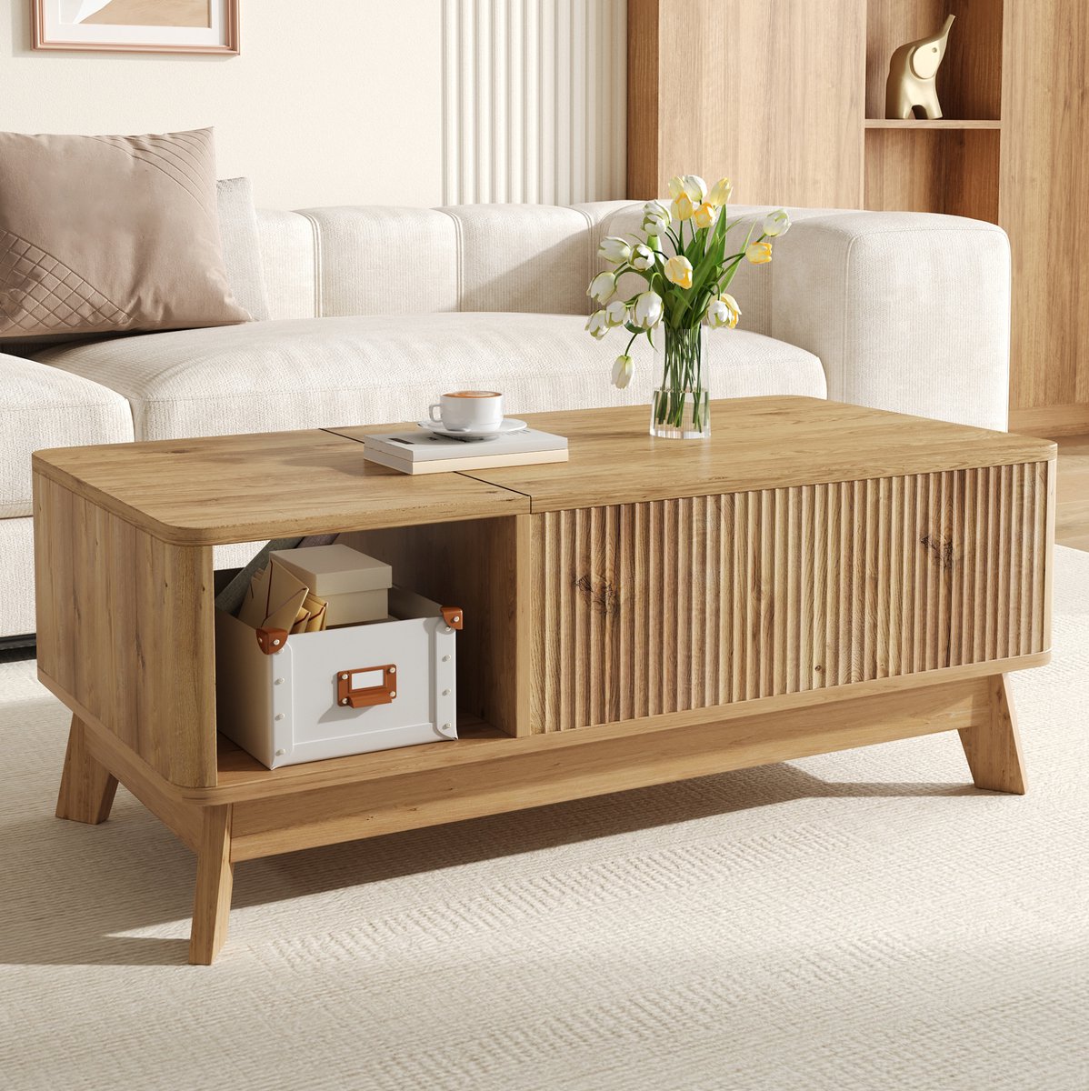 MEUNIQ Salontafel 95 x 48 cm met hoogteverstelbaar tafelblad, verborgen opbergruimte en open zijvak voor woonkamer en thuiswerken, naturel