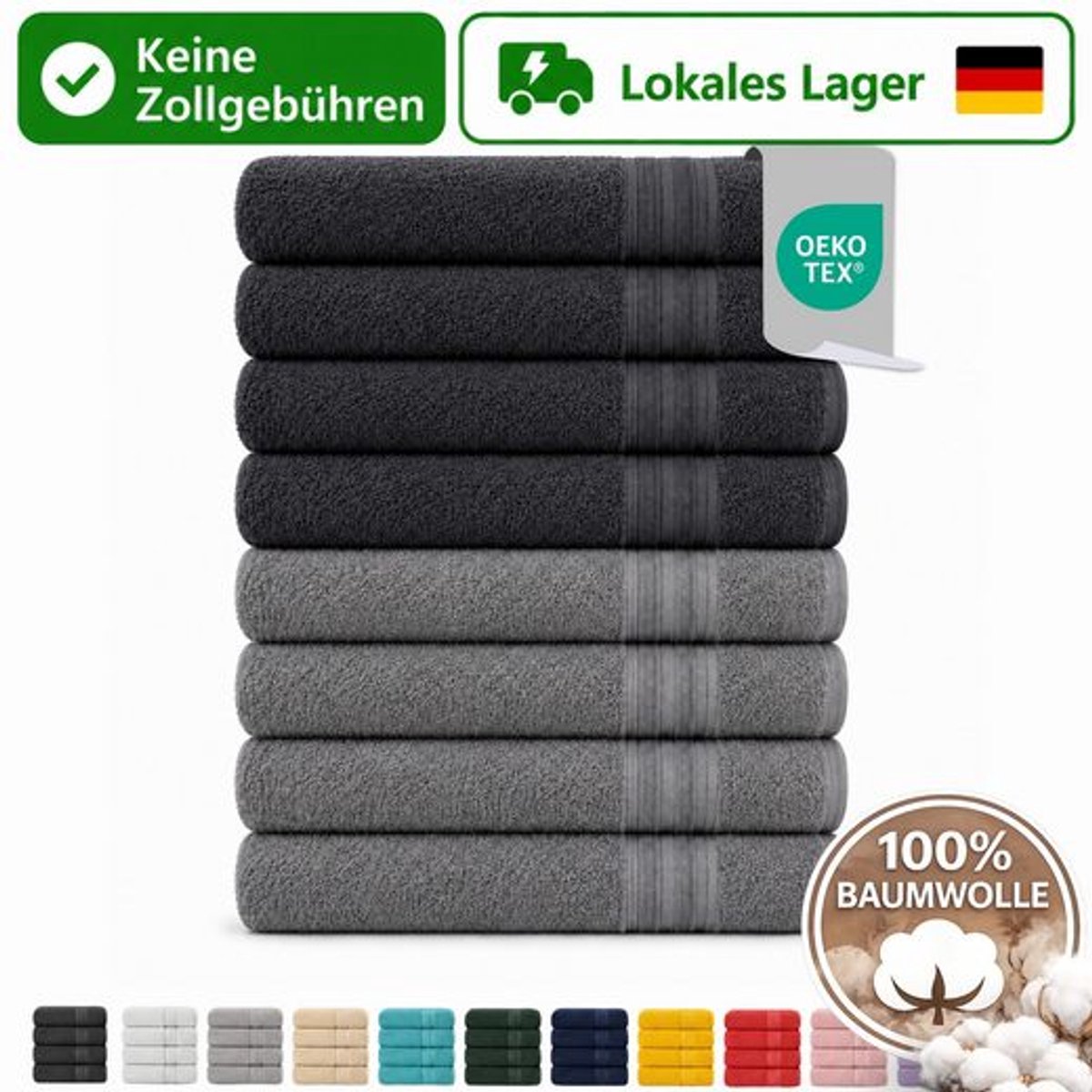 Komfortec Set van 8 Badhanddoek 100x200 cm van 100% Katoen, XXL Saunahanddoek, Grote Douchehanddoek, Zacht & Absorberend, Antraciet&Grijs