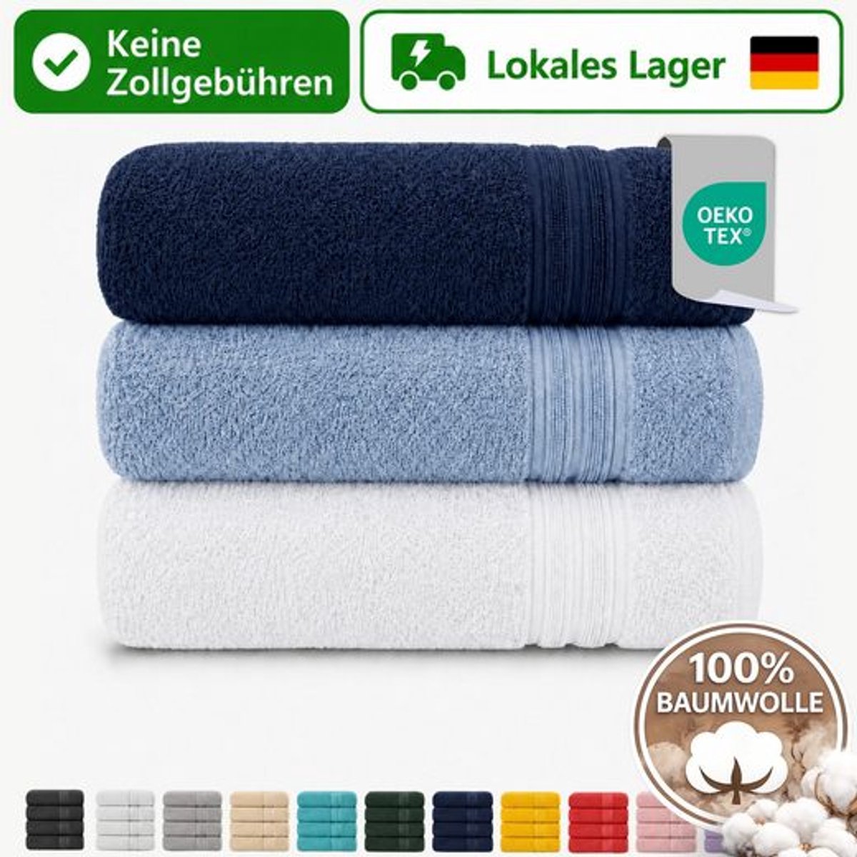 Komfortec Set van 3 Badhanddoek 100x200 cm van 100% Katoen, XXL Saunahanddoek, Grote Douchehanddoek, Zacht & Absorberend, Marineblauw&Lichtblauw&Wit