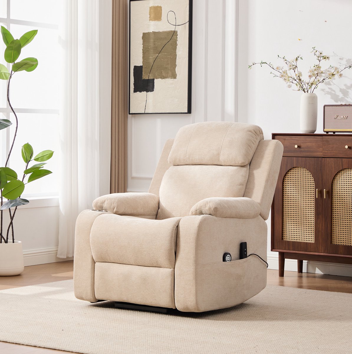 MEUNIQ Elektrische relaxfauteuil met sta-op functie, massage- en warmtefunctie, verstelbare rugleuning en voetensteun, licht kaki chenille voor woonkamer