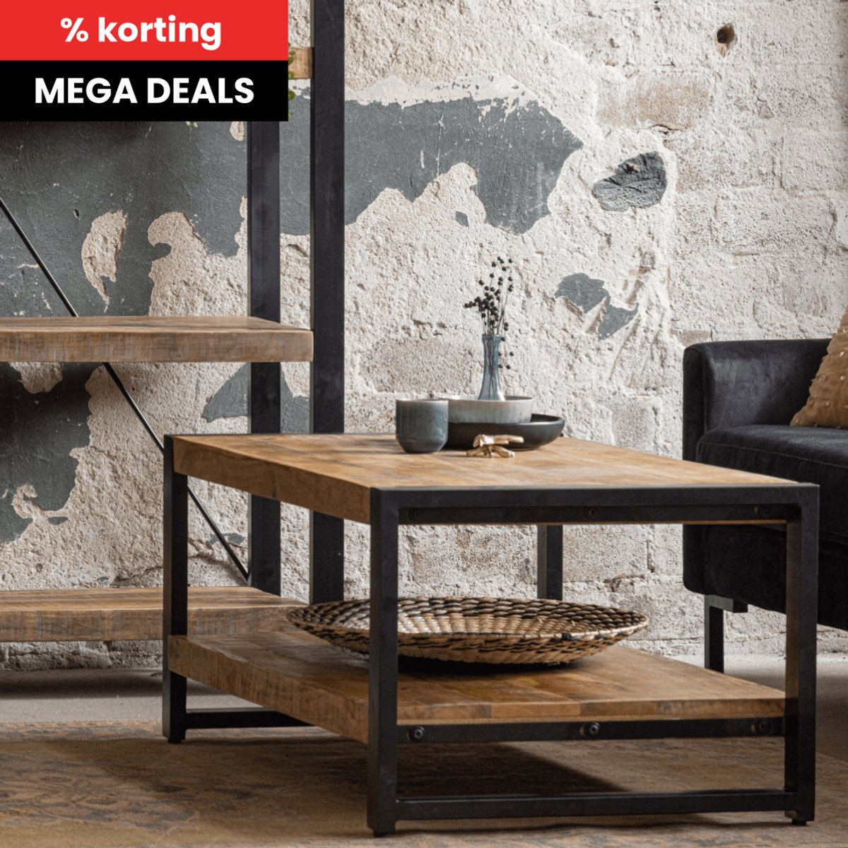 Mahom Mangohouten Salontafel Britt tweelaags 110 cm Mahom Industrieel - Kleine tafel van Mangohout & Metaal - Industriële Huiskamertafel Bruin