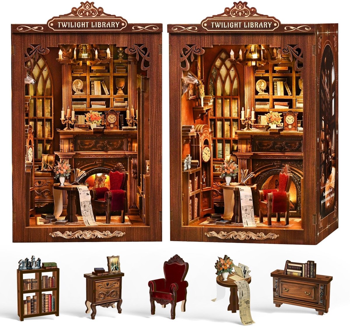 Booknook Twilight library - 3D Puzzel met Handleiding - DIY - Miniatuur Modelbouw Hout Kinderen en Volwassenen - Houten bouwpakket - Assemblr