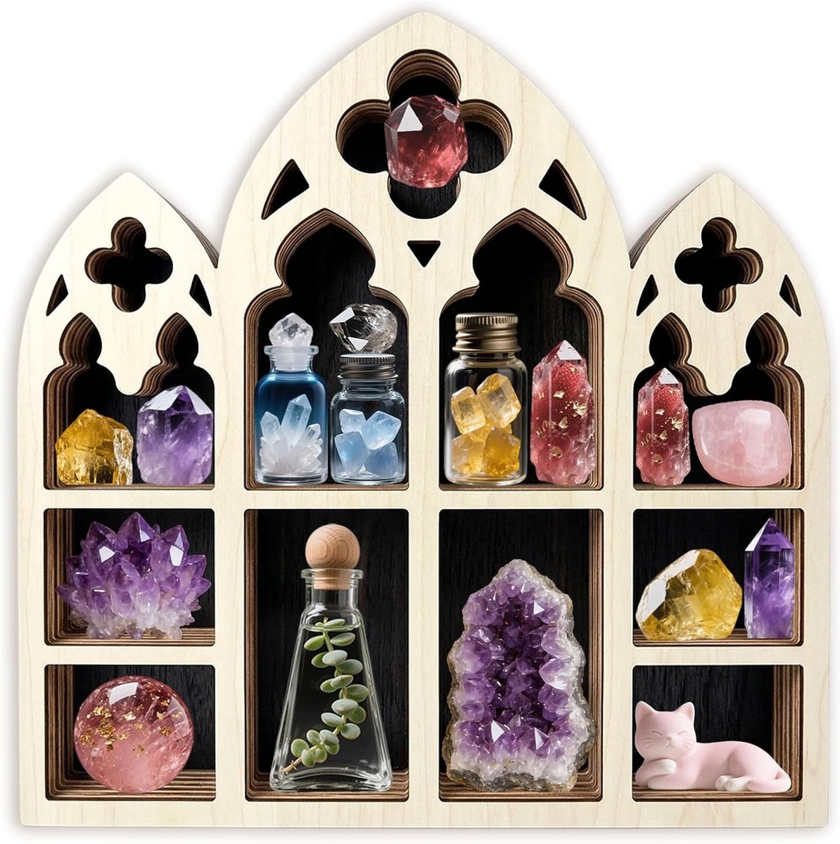 Kristallen Display Rek met Gotisch Venster - Houten Wandplank voor Kristallen, Edelstenen en Sieraden - Boho, Witchy en Moderne Decoratie