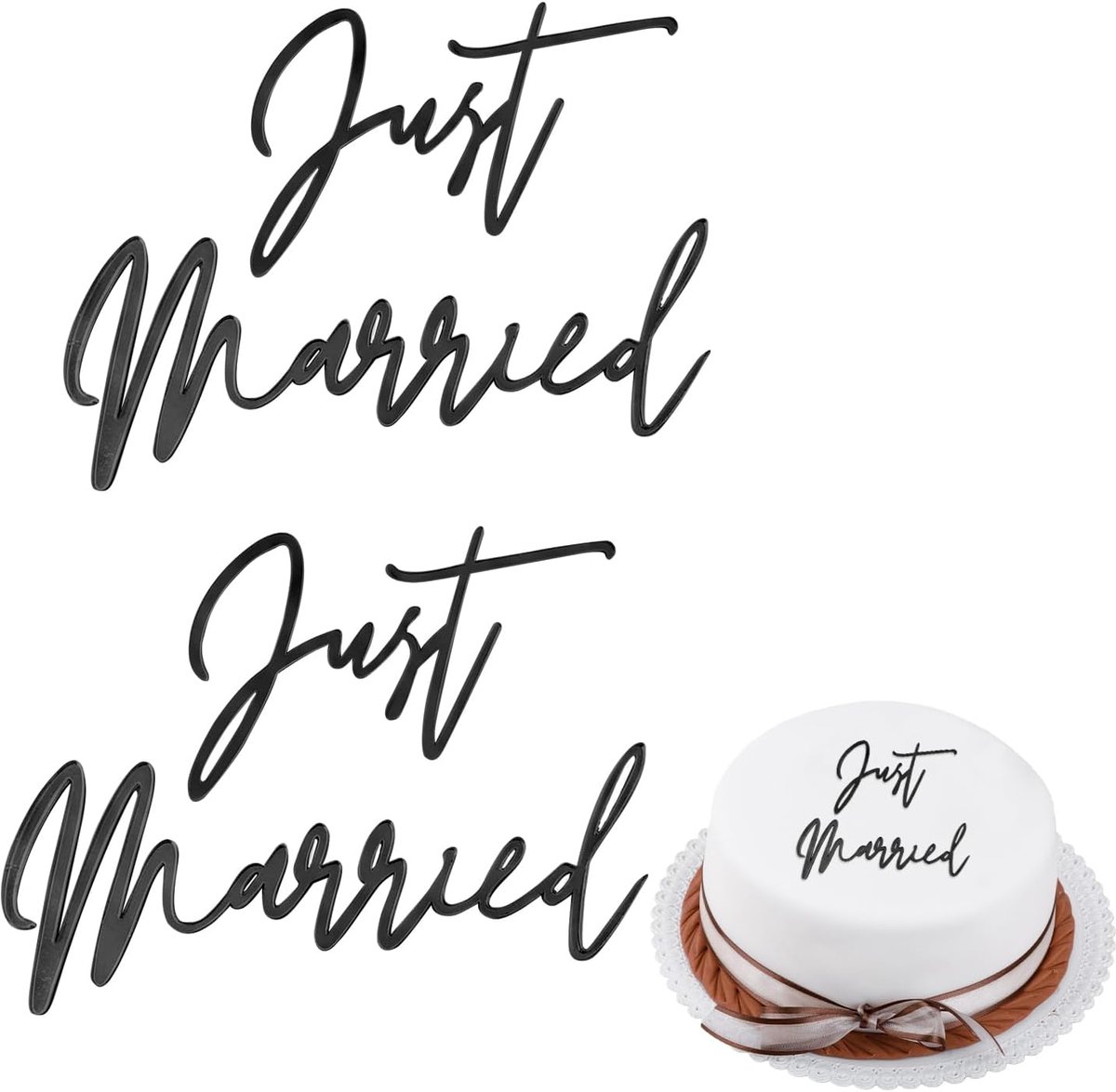 2 Stuks Just Married Taarttopper - Acryl Taartdecoratie voor Huwelijk en Jubileum - 10 x 9 CM - Zwart