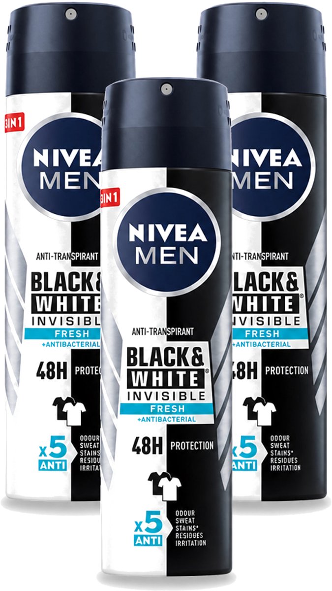 3 x Nivea - Men - Deodorant - Spray - Black & White Invisible Fresh - 150 ml - Bulkverpakking - 3 stuks