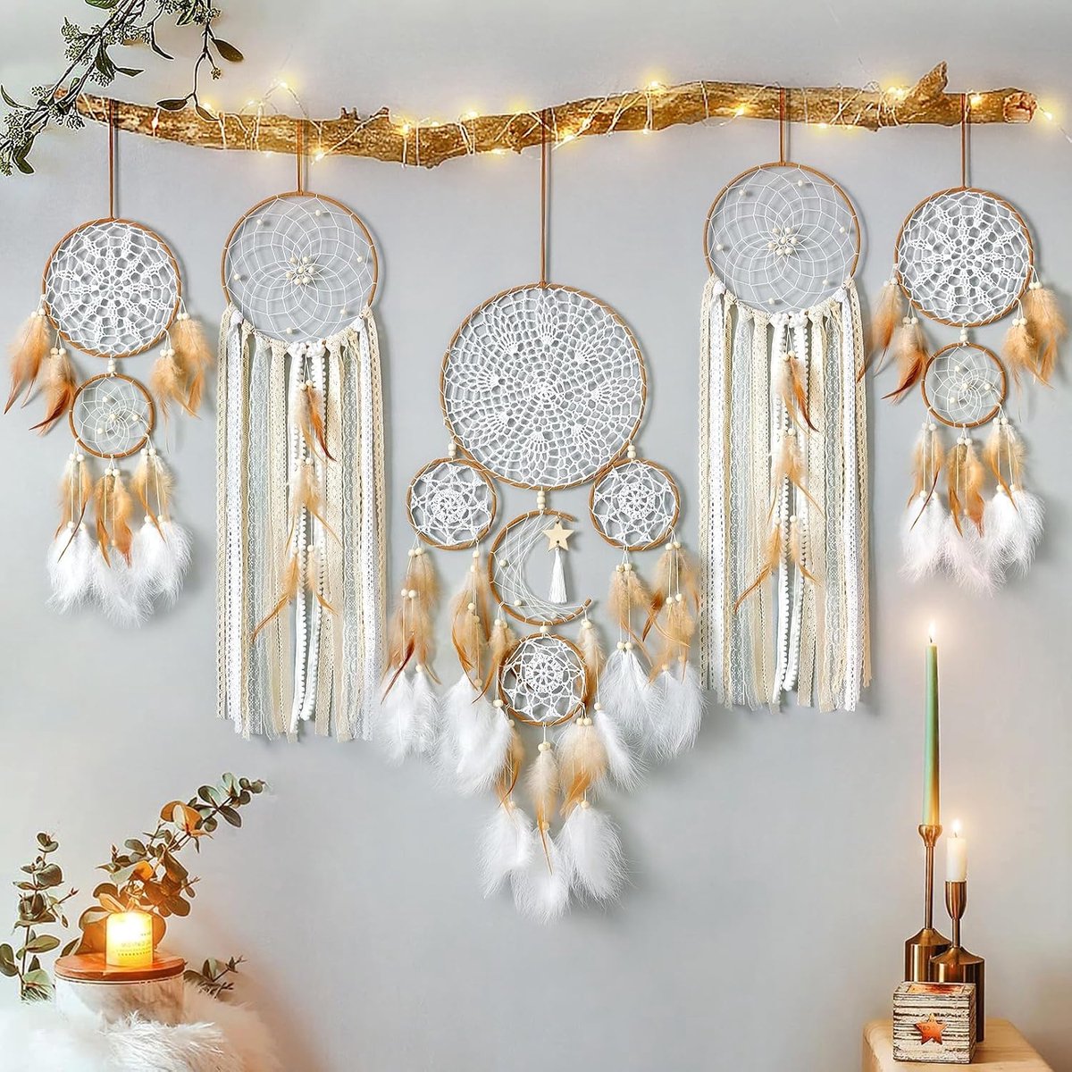 5-pack Dromenvangers, maan en zon design, bohemien, wandhangende decoratie, handgemaakte traditionele veren, dromenvangers voor kinderen, slaapkamer, woondecoratie (bruin) (5 stuks-bruin)