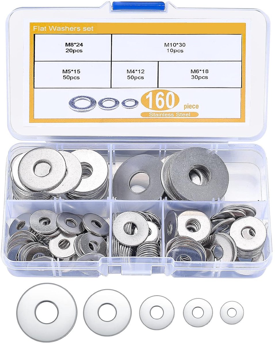 Ringenset, RVS platte sluitringen, afstandhouderringen assortiment set voor industriële bevestigingen bouten onderhoud - M4, M5, M6, M8, M10